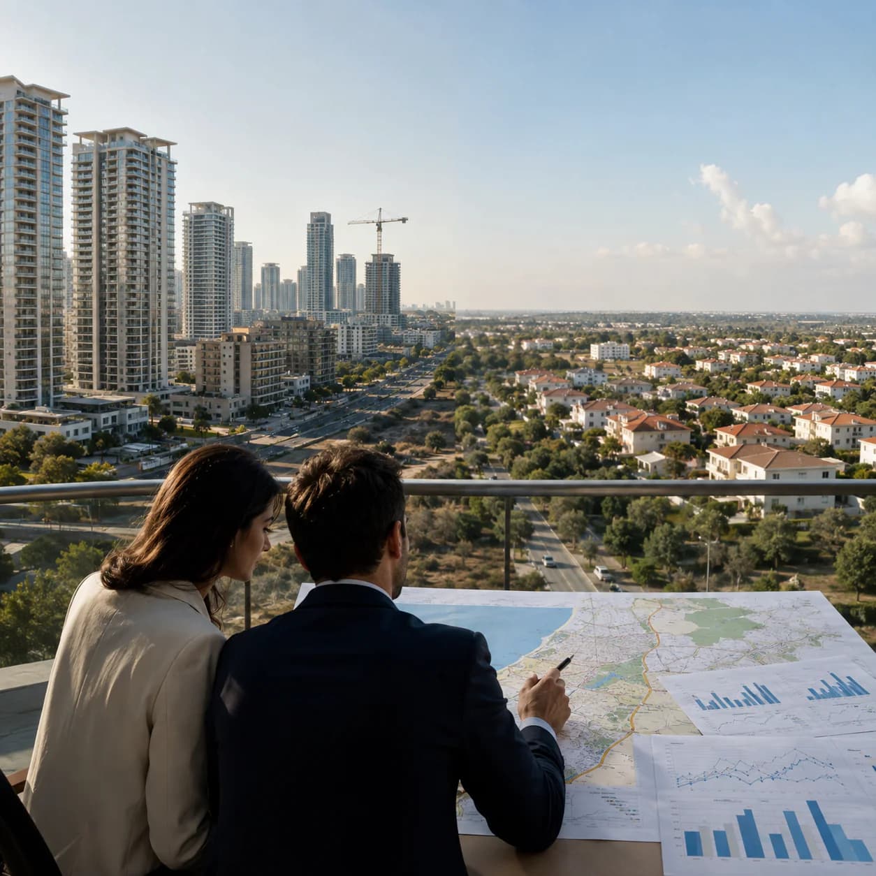 גבר ואישה בחליפות עסקיות עומדים במרפסת גבוהה ומשווים מפה עם גרפים כלכליים מול נוף של גורדי שחקים במרכז העיר וקו רקיע של שכונות פרבריות בפריפריה