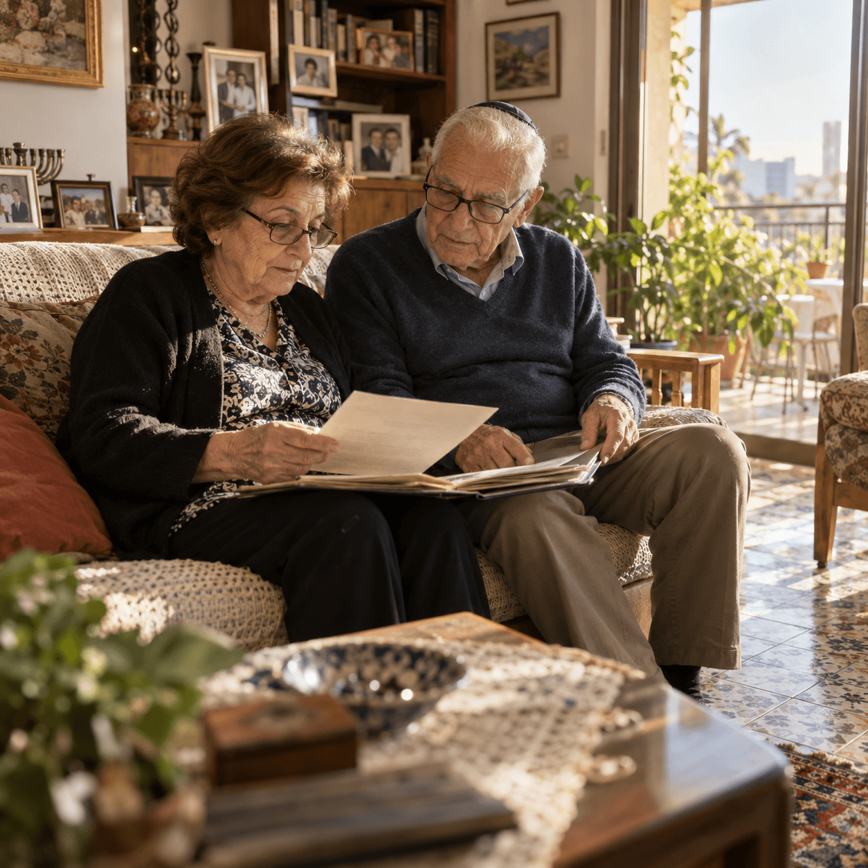בני זוג קשישים יושבים יחד בסלון ביתם מעיינים במסמכים ותמונות ישנות