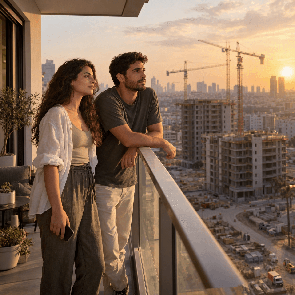 זוג עומד במרפסת דירה גבוהה בשעת שקיעה ומביט אל עבר אתר בנייה של מגדלי מגורים חדשים בעיר