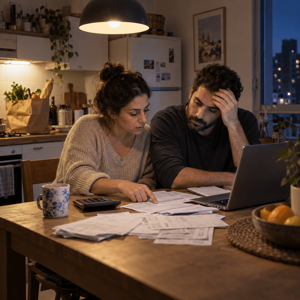 בני זוג יושבים במטבח בשעת ערב ובוחנים חשבונות וחשבוניות על השולחן לצד מחשב נייד ומחשבון, בעת תכנון תקציב משפחתי מול החזר משכנתא